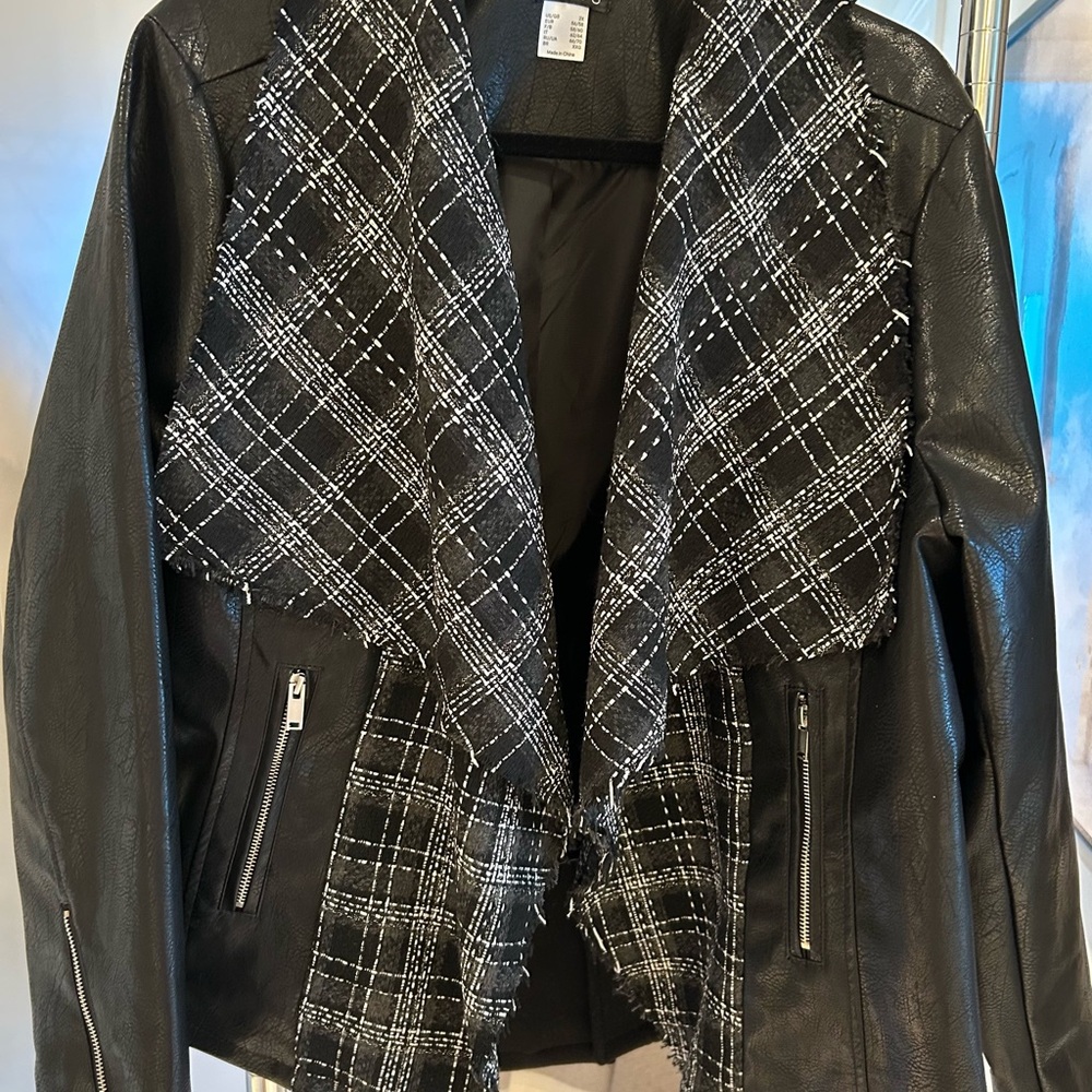 Venus faux leather and tweed shawl collard jacket